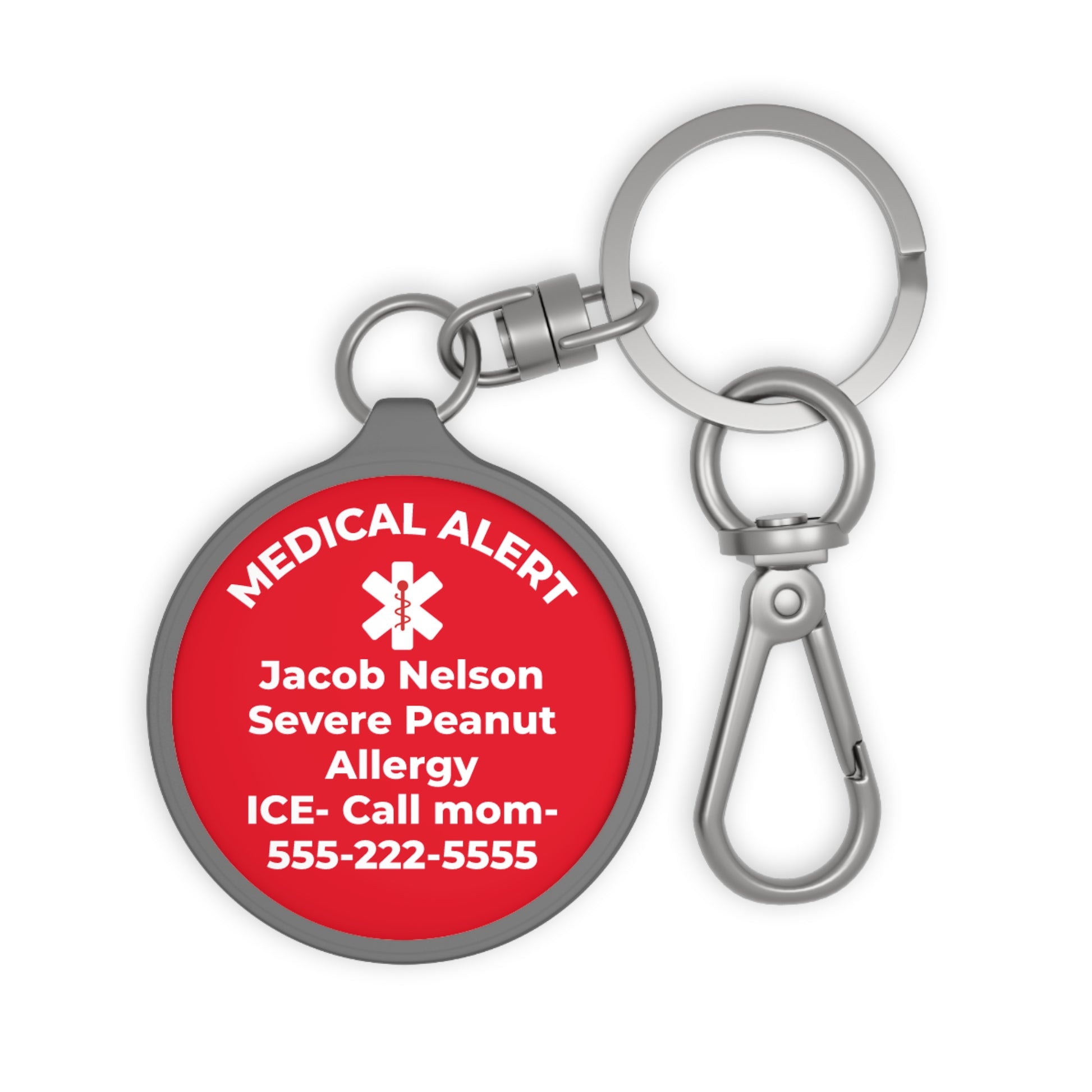 Personalized medical alert tag keychain for kids and adults needing visible medical identification. Great for school daycare summer camp sports travel and everyday activities.