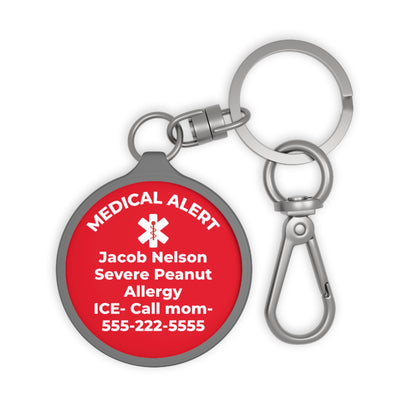 Personalized medical alert tag keychain for kids and adults needing visible medical identification. Great for school daycare summer camp sports travel and everyday activities.