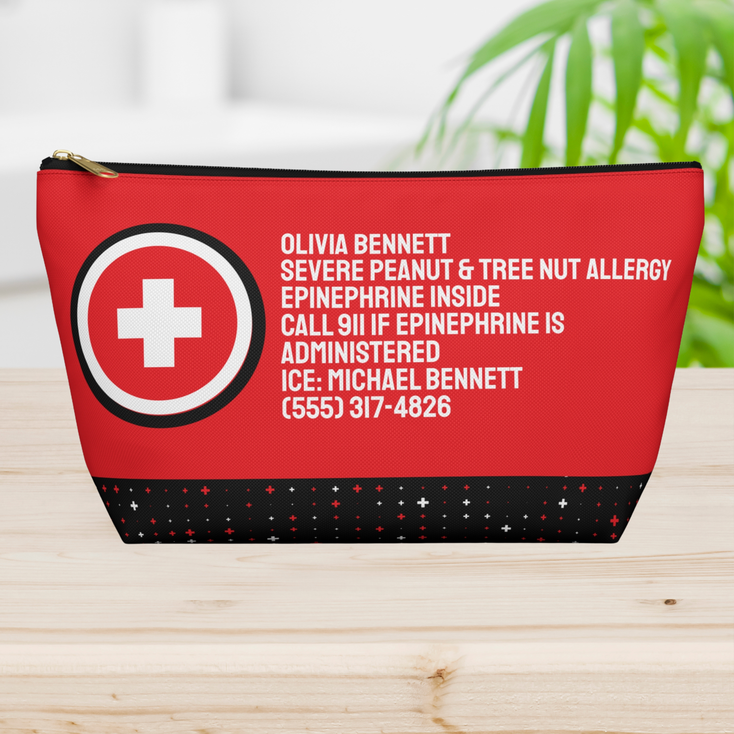 Personalized emergency organizer with bold medical alert design and custom printed information for quick identification during emergencies. Stores EpiPen, rescue inhaler, glucagon, insulin supplies, seizure medication, first aid items, bandages, medications, supplements, and important documents. Perfect for school nurses, caregivers, parents, teachers, coaches, babysitters, and family travel.