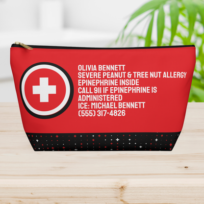 Personalized emergency organizer with bold medical alert design and custom printed information for quick identification during emergencies. Stores EpiPen, rescue inhaler, glucagon, insulin supplies, seizure medication, first aid items, bandages, medications, supplements, and important documents. Perfect for school nurses, caregivers, parents, teachers, coaches, babysitters, and family travel.