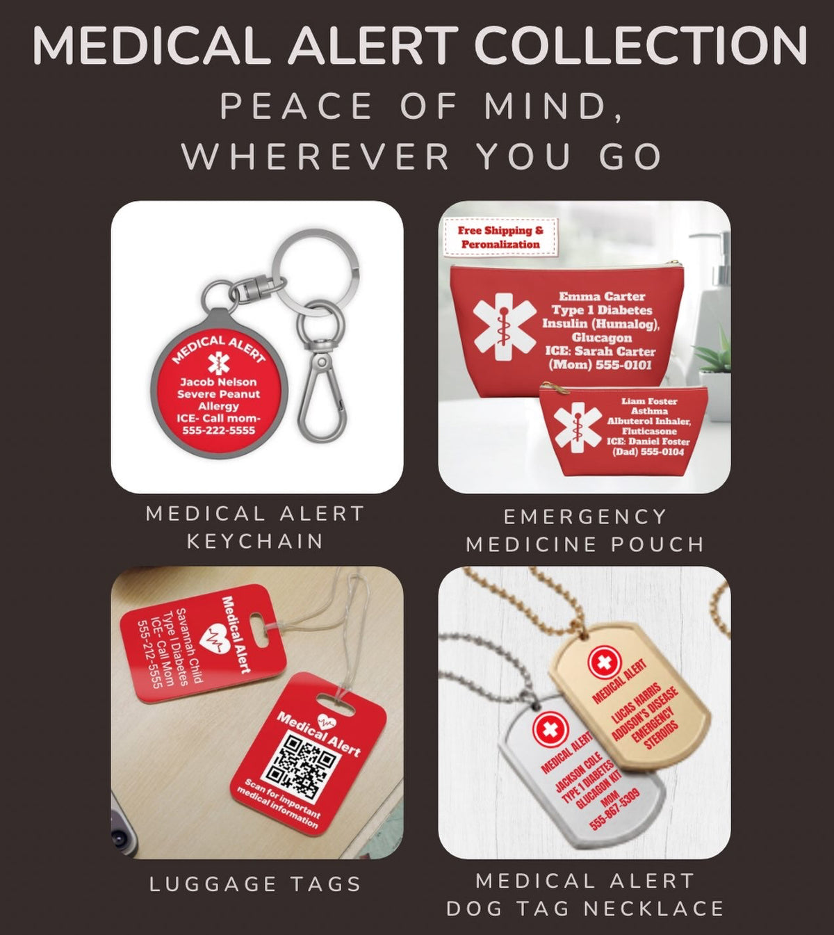 A promotional collage for a medical alert collection showing four product examples: a red circular keychain, a red emergency medicine pouch, red luggage tags, and red medical alert dog tag necklaces, all with white text and medical symbol graphics. The layout is on a dark brown background with the headline 'MEDICAL ALERT COLLECTION' and a 'SHOP NOW' button.