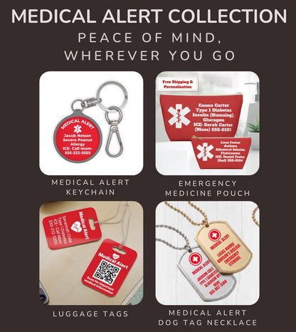 A promotional collage for a medical alert collection showing four product examples: a red circular keychain, a red emergency medicine pouch, red luggage tags, and red medical alert dog tag necklaces, all with white text and medical symbol graphics. The layout is on a dark brown background with the headline 'MEDICAL ALERT COLLECTION' and a 'SHOP NOW' button.