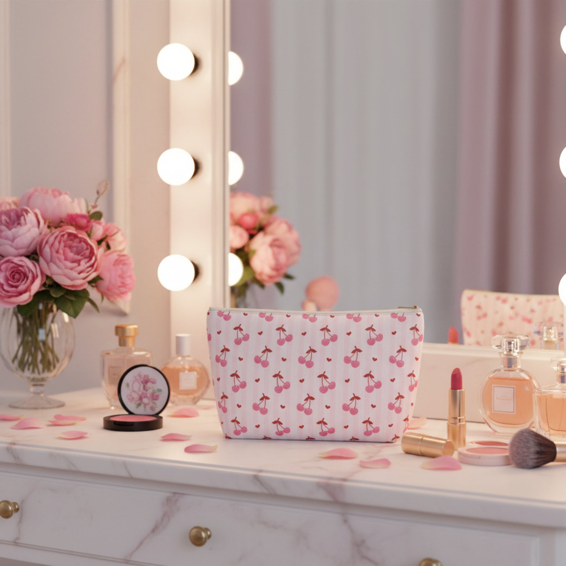 Personalized pink cherry accessory pouch designed for makeup storage, travel organization, and everyday essentials. This cute cosmetic case features an all over cherry pattern, tiny heart accents, and a custom center name detail framed with a delicate bow. Durable polyester fabric and roomy T bottom shape provide stylish organization for toiletries, beauty products, electronics, pens, and purse essentials. Ideal for coquette style lovers, feminine travel accessories, and personalized gifts for girls and wom