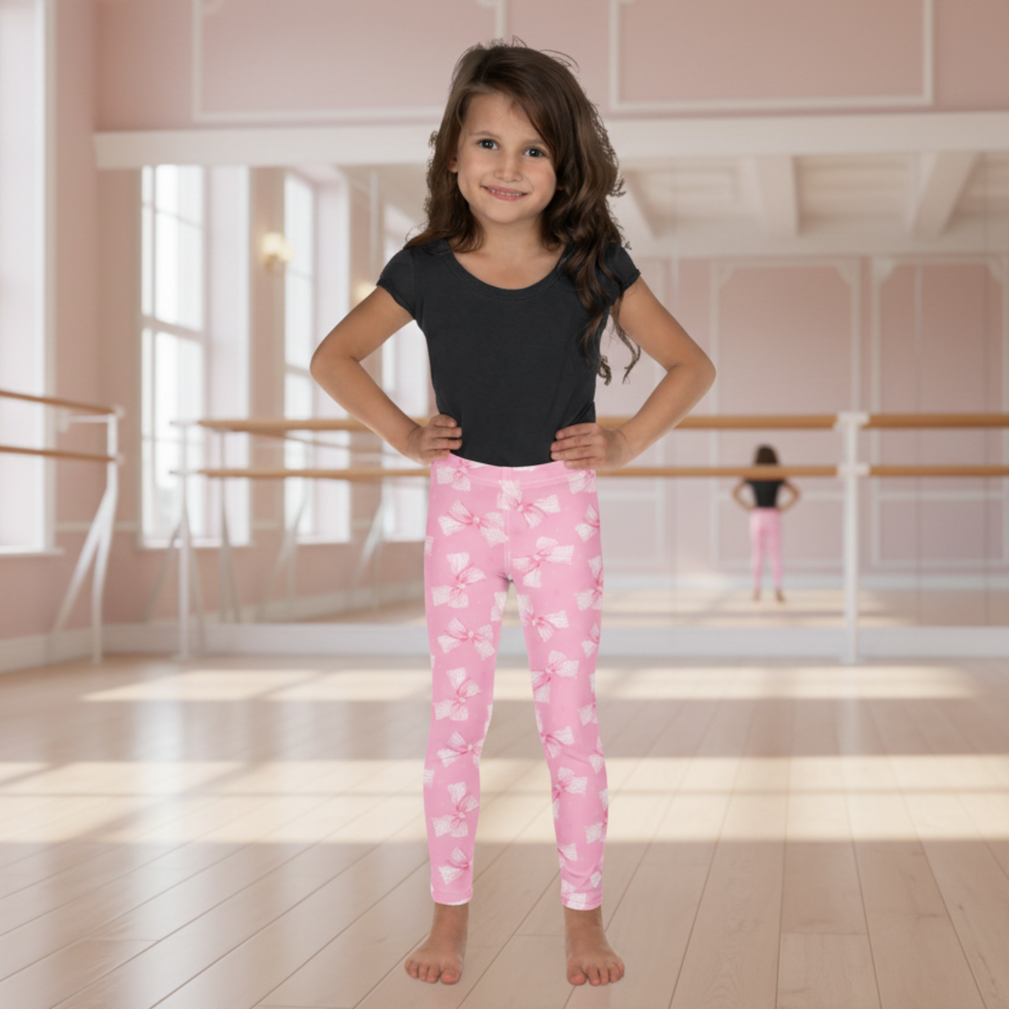 Pink Bow Coquette Girls Leggings for toddlers 2T–7 and youth 8–20, soft stretch fabric with playful gingham bow print, perfect for school, dance, playdates, everyday comfort, or family matching outfits, offering a coquette-inspired feminine look for young girls who love stylish, comfortable leggings that move with them from day to night.