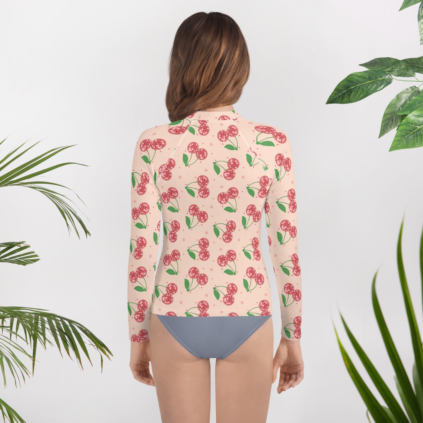 Pink Disco Cherry Long Sleeve Rash Guard for Teens
