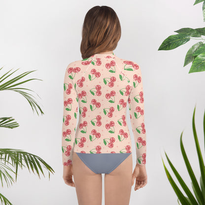 Pink Disco Cherry Long Sleeve Rash Guard for Teens