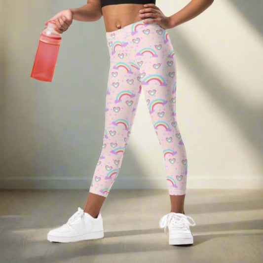 Pink Fairy Tale toddler girl leggings featuring whimsical hearts, stars, and rainbow print on soft stretchy fabric. Cute toddler leggings for little girls who love princess outfits, fairycore fashion, magical clothes, playful boutique styles, and comfy everyday wear. Perfect for birthdays, preschool, park days, lounging, vacations, gifts, and photo outfits. Adorable girls leggings with pastel fantasy vibes, princesscore style, and soft comfort for active toddlers.