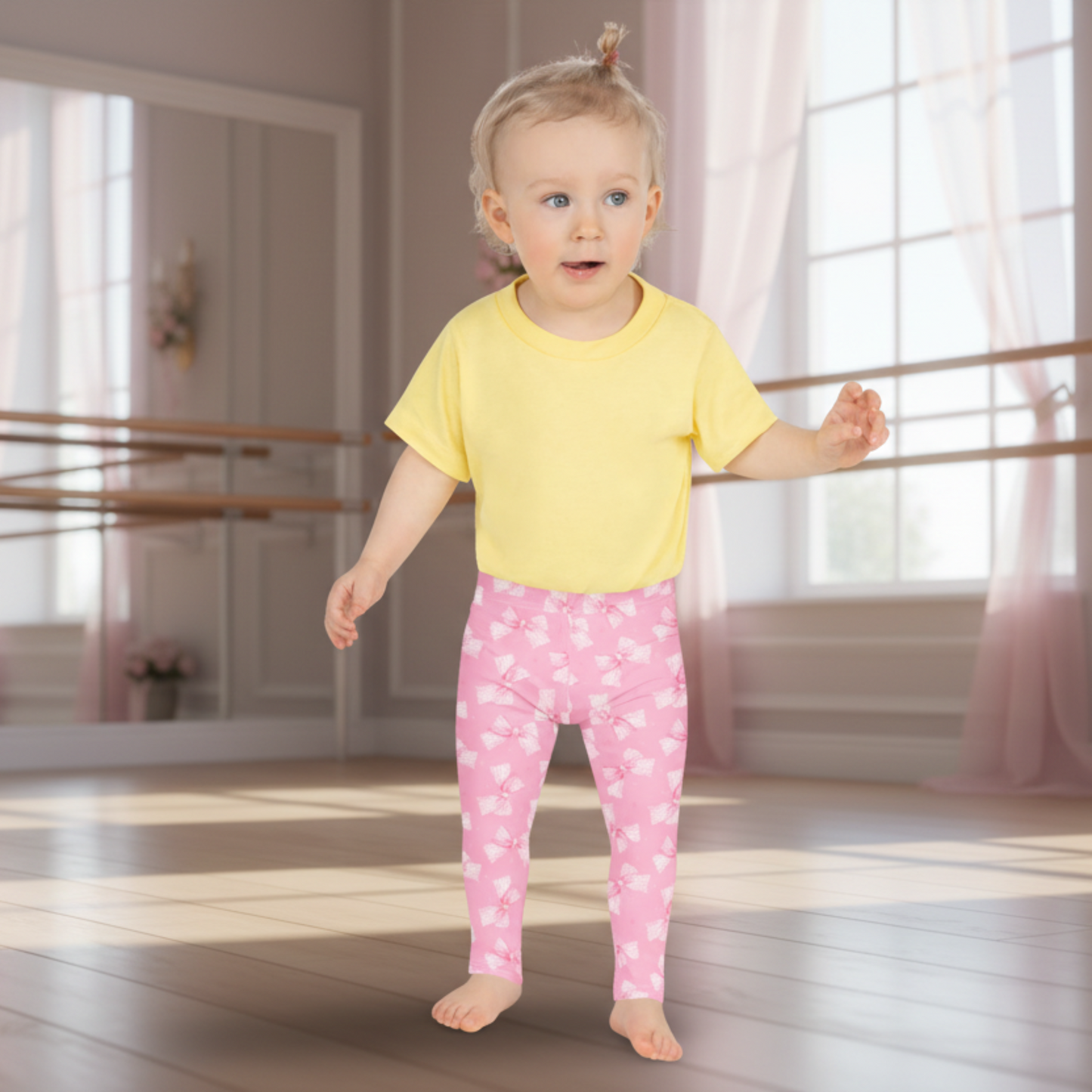 Girls leggings toddler 2T–7 and youth 8–20, featuring playful pink coquette bow print, soft four-way stretch fabric, smooth microfiber for all-day comfort, perfect for school, birthday gifts, dance class, casual outfits, or family matching sets, made-to-order with attention to detail for toddlers, tweens, and teens who love fun, stylish leggings.