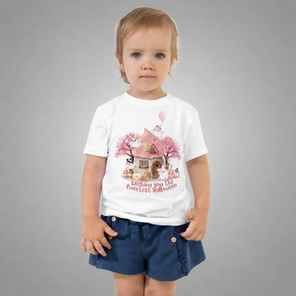 Pink toddler tshirt with a storybook cottage, pink trees, pink pumpkins and five sweet ghosts. The text reads Wishing you the sweetest halloween, by jaecrece