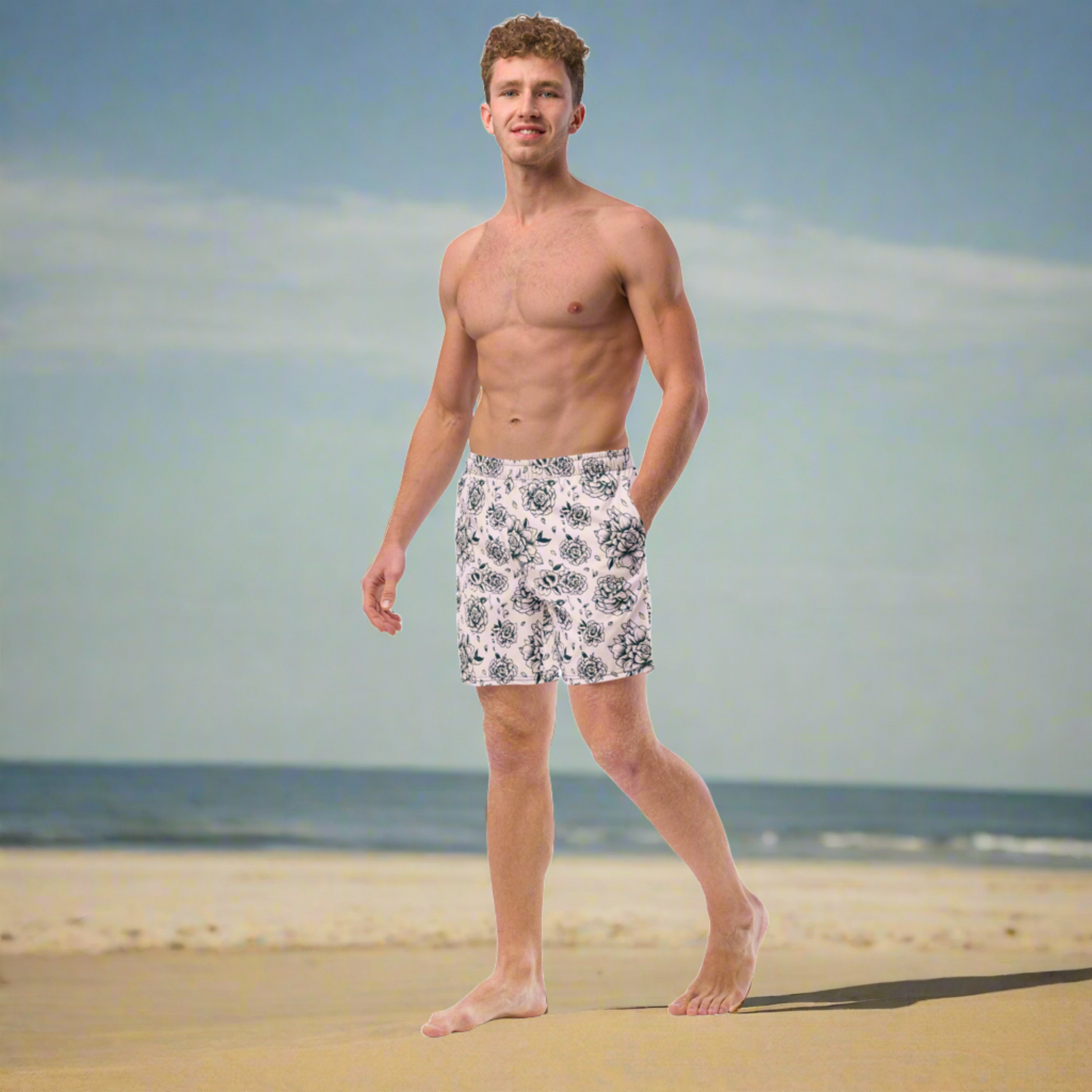 Pink Tattoo Roses Men’s Swim Trunks for dads and bold summer trendsetters. Featuring a striking tattoo rose pattern on bright pink, these trunks are made with recycled polyester and offer UPF 50+ protection, breathable mesh liner, and secure pockets. A stylish and sustainable swimwear choice for coordinated family looks or beach vacations. Great for matching with kids’ swimwear or fun father-son photo ops at the beach or pool.
