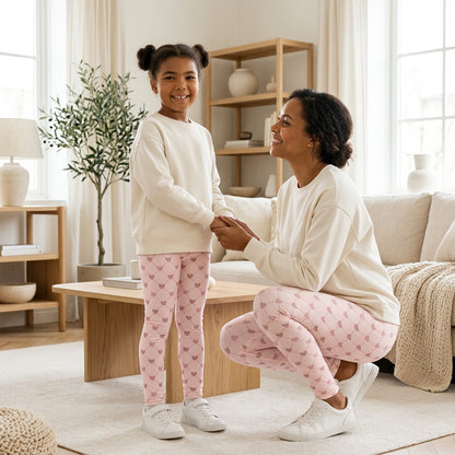 Mother and daughter wearing matching pink heart leggings featuring a light pink background with a diamond lattice pattern and scattered pink hearts. The girls leggings have a high rise elastic waistband and full length ankle fit, while the coordinating women's leggings are available separately. These Mommy and Me matching outfits are a sweet choice for Valentine's Day photos, birthdays, family outings, and everyday matching style.