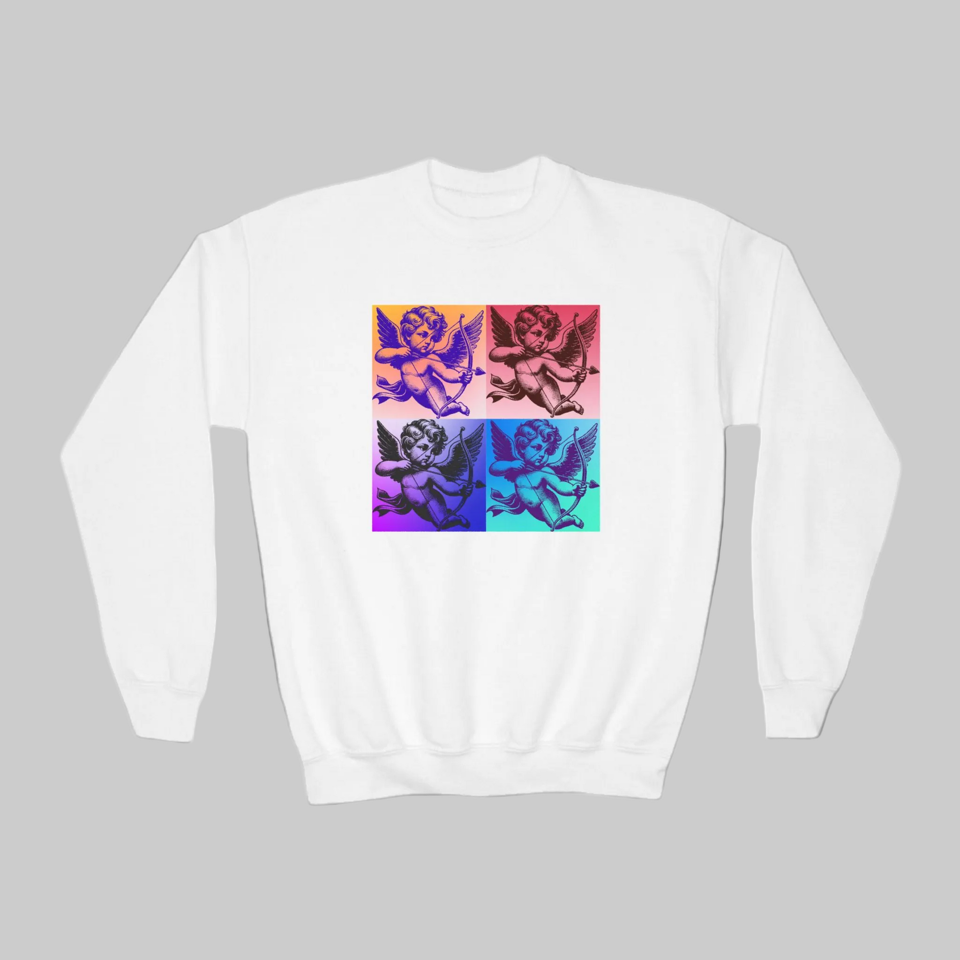 Pop Art Cupid youth sweatshirt for girls, tweens, and teens combines cozy comfort with a fun 1960s-inspired design. The bold Cupid and heart graphic makes it perfect for Valentine’s Day outfits or classroom celebrations. Available in sizes XS to XL and part of a matching family collection, it’s a great mommy and me Valentine’s gift. Perfect for kids who love unique, artsy styles with bright retro flair.

