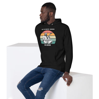Side view of a plus-size adult in the “My Favorite Chord Is GSUS” hoodie, a soft and stylish pullover perfect for faith-based musicians. Featuring a three-panel hood, matching drawstrings, and a self-fabric back patch, this hoodie is available in sizes S to 3XL and delivers warmth and witty Christian humor.

