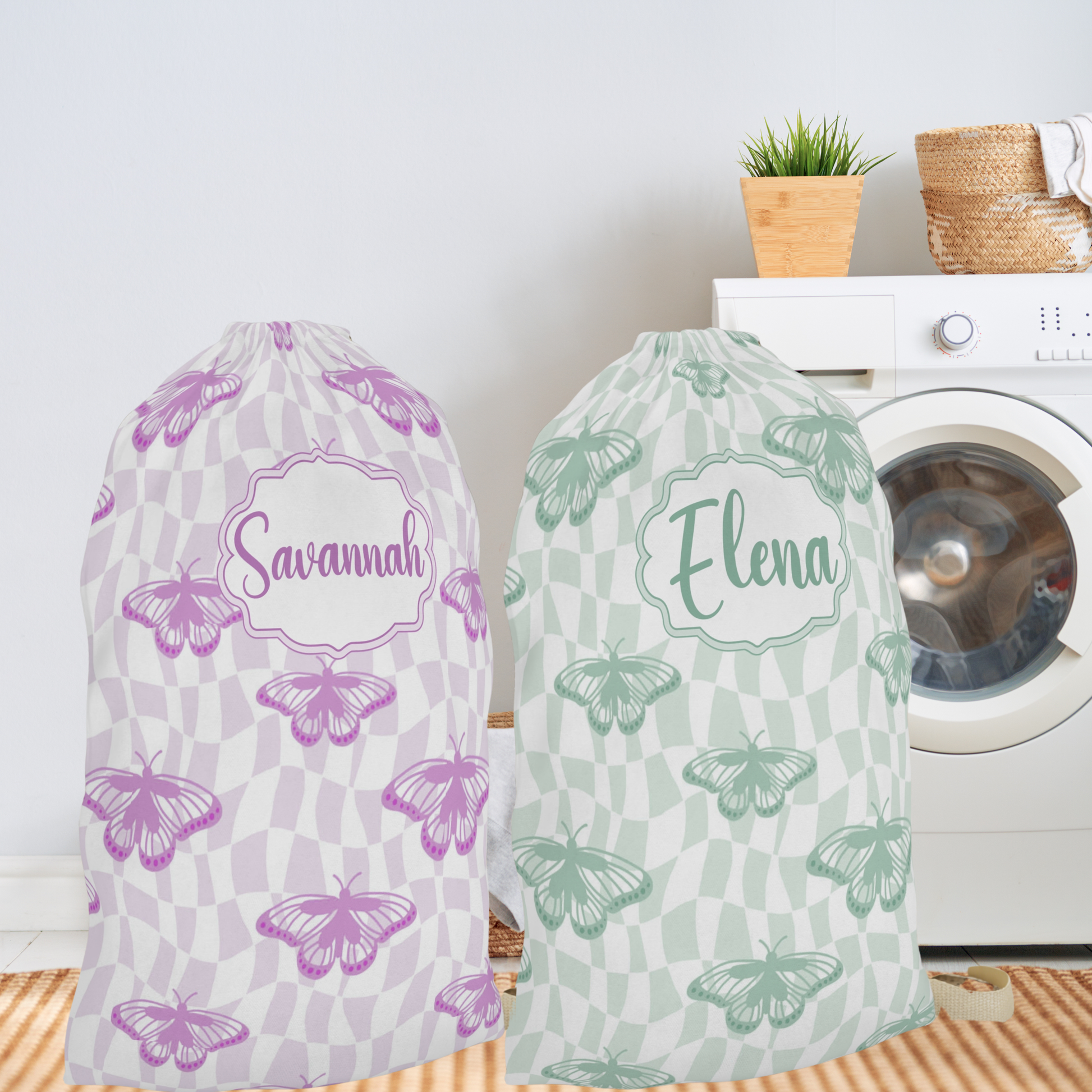 Custom purple laundry sack decorated with butterflies and a playful checker pattern, personalized especially for you with a custom name. Designed for everyday convenience, this lightweight laundry bag is perfect for college dorm living, laundromat trips, apartment organization, travel, and camp adventures. The stylish design makes it more than just storage, blending beautifully with preppy dorm decor, Y2K room decor, and colorful personalized accessories for girls and young women.