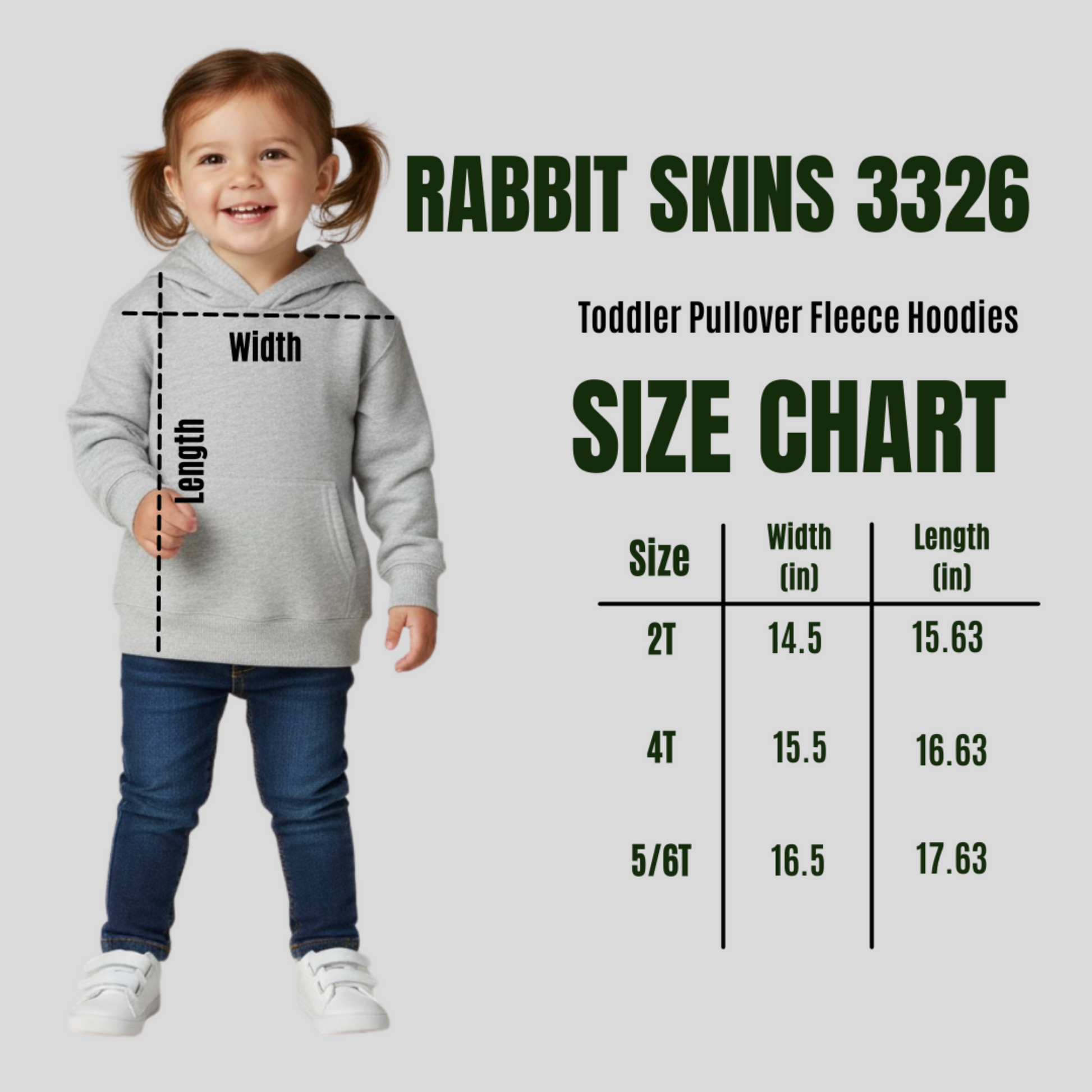 Rabbit Skins 3326 Size Chart for Sizes 2T, 4T, and 5/6T. Child wearing a gray hoodie with a size chart for toddler pullover fleece hoodies on a light gray background.