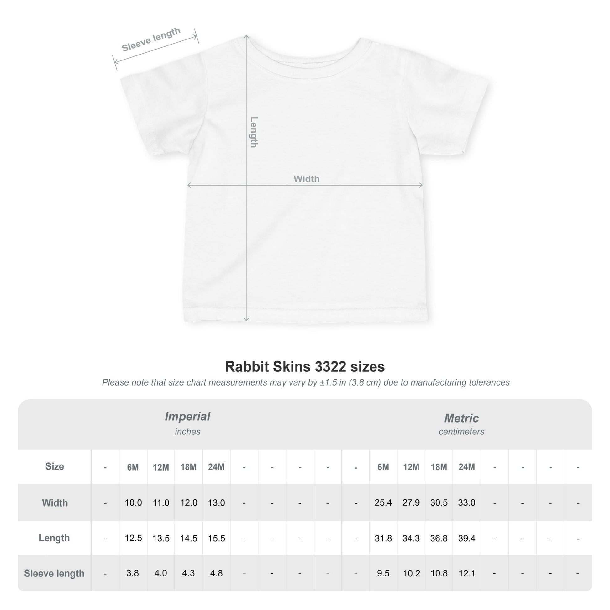 White t-shirt with measurement chart on a white background