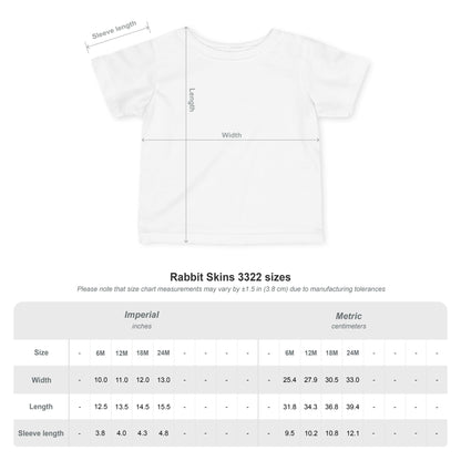 White t-shirt with measurement chart on a white background