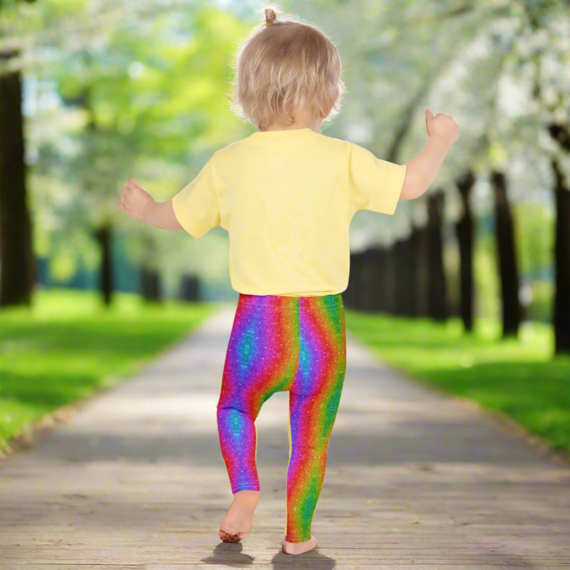 Colorful toddler leggings with a faux glitter rainbow swirl pattern for sizes 2T–7. Perfect for little girls who love vibrant outfits, whether at a parade, Pride celebration, dance class, or family matching event. These soft, stretchy pants are ideal for high-energy adventures and festive occasions. A bold choice for a big personality.