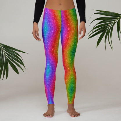 Rainbow holographic swirl leggings for women, made for Mardi Gras, Pride festivals, or expressive daily fashion. The bold, glitter-inspired design is printed on soft microfiber with a comfortable fit and four-way stretch. These leggings are breathable, UPF 50+, and versatile enough for events, workouts, or lounging. Available in matching toddler and youth sizes for a complete family set.