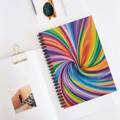 Image: Spiral-bound rainbow swirl journal featuring a psychedelic abstract cover, 118 lined pages, and a dark gray back. Great for writers, students, and artists who want to add vibrant flair to their school supplies or journaling routine. This rainbow notebook is perfect for Pride gifts, LGBTQ accessories, or colorful office decor, making it a creative and cheerful tool for everyday writing. by jaecrece