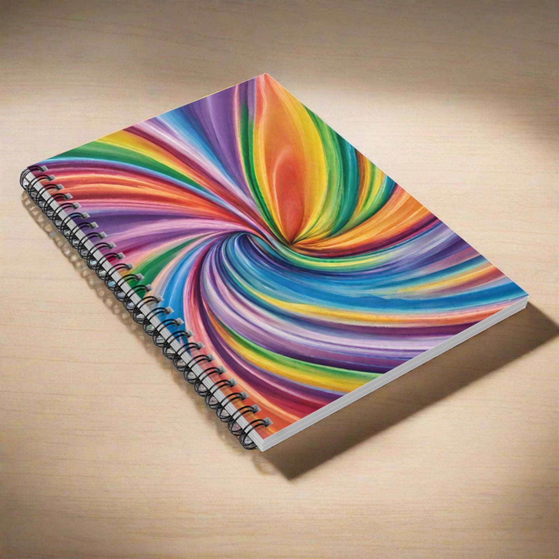 Image: Eye-catching rainbow swirl spiral notebook with ruled lines, a glossy abstract cover, and a sturdy dark gray back. Designed for creatives, students, or anyone who loves bright school supplies, this Pride-inspired notebook is a great gift for rainbow-loving friends or as part of a colorful office or journaling setup. Features 118 pages and high-quality spiral binding for reliable, daily use. by jaecrece