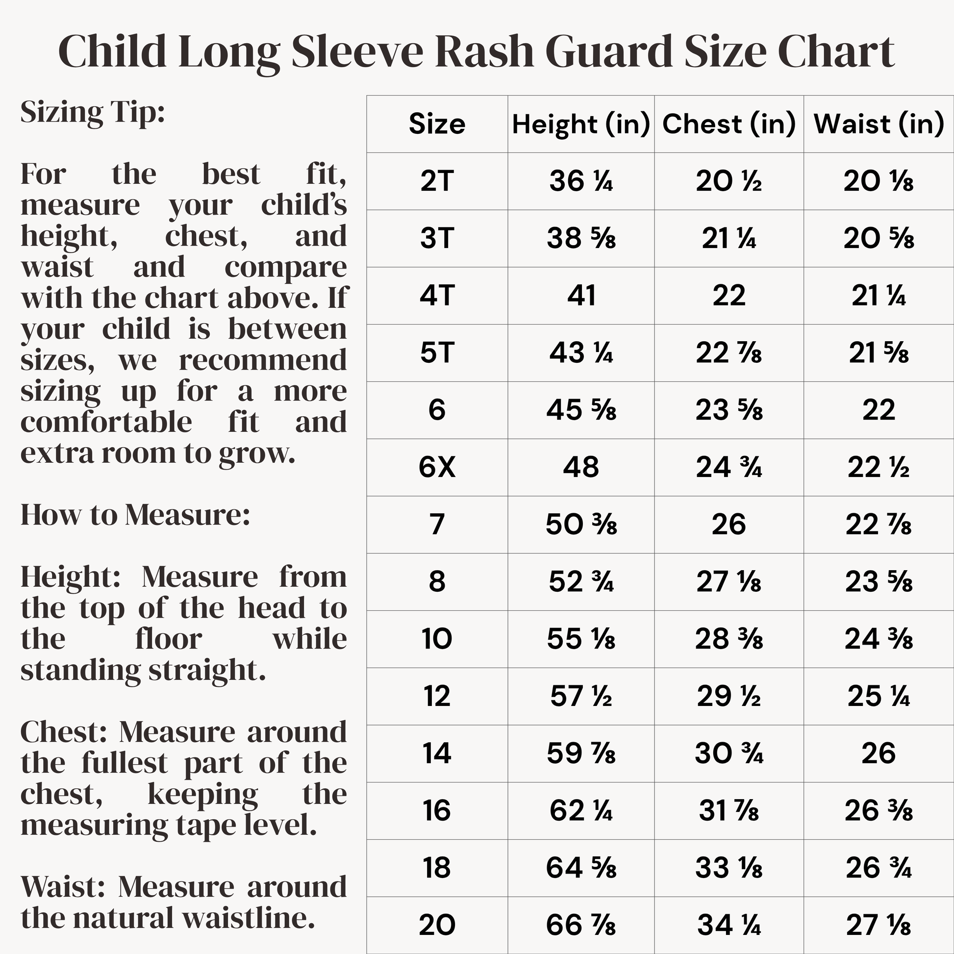 A size chart table titled 'Child Long Sleeve Rash Guard Size Chart' with sizing tips and size ranges from 2T to 20, listing height, chest, and waist measurements in inches.