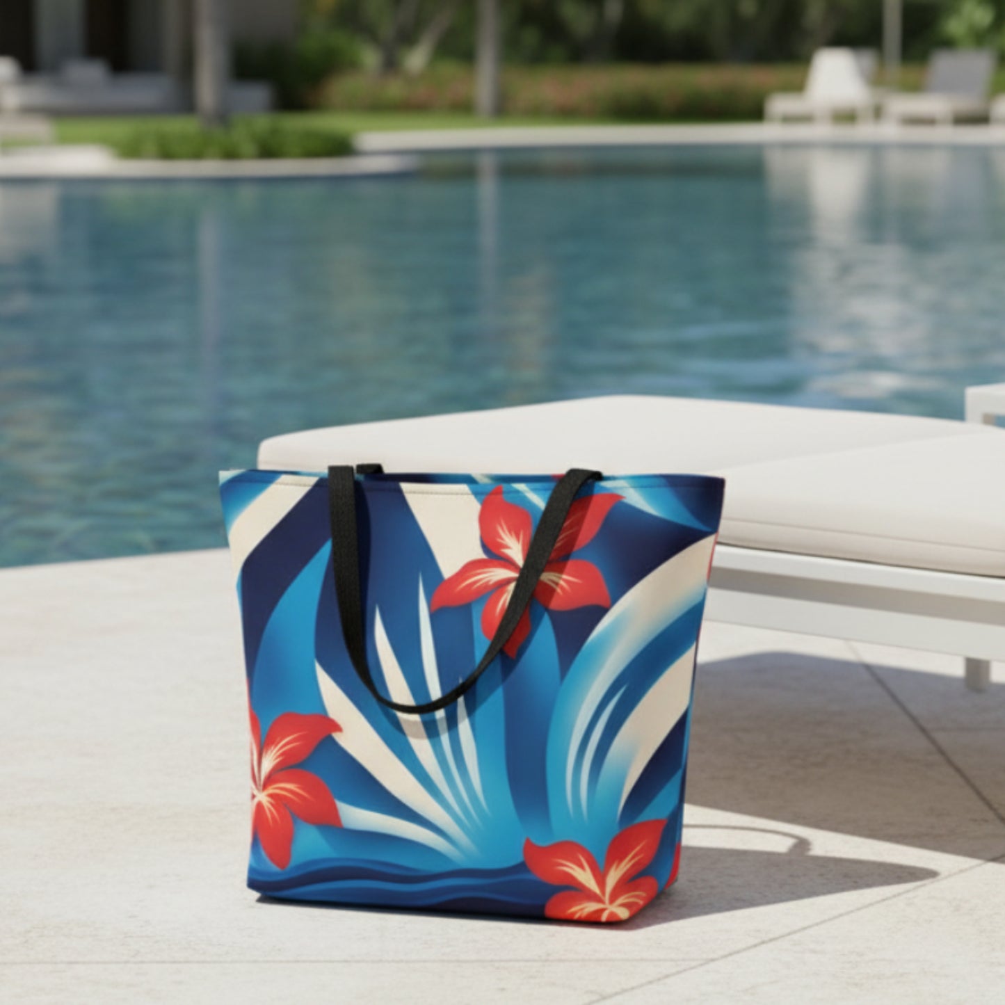Patriotic tote bag with red white and blue Hawaiian print, designed as a large everyday carry bag for beach days, travel, errands, and shopping. Roomy interior fits towels, snacks, books, and essentials, while sturdy cotton handles offer comfortable shoulder carry. Tropical summer style makes this reusable tote ideal for Memorial Day, Independence Day celebrations, vacations, and warm weather outings.