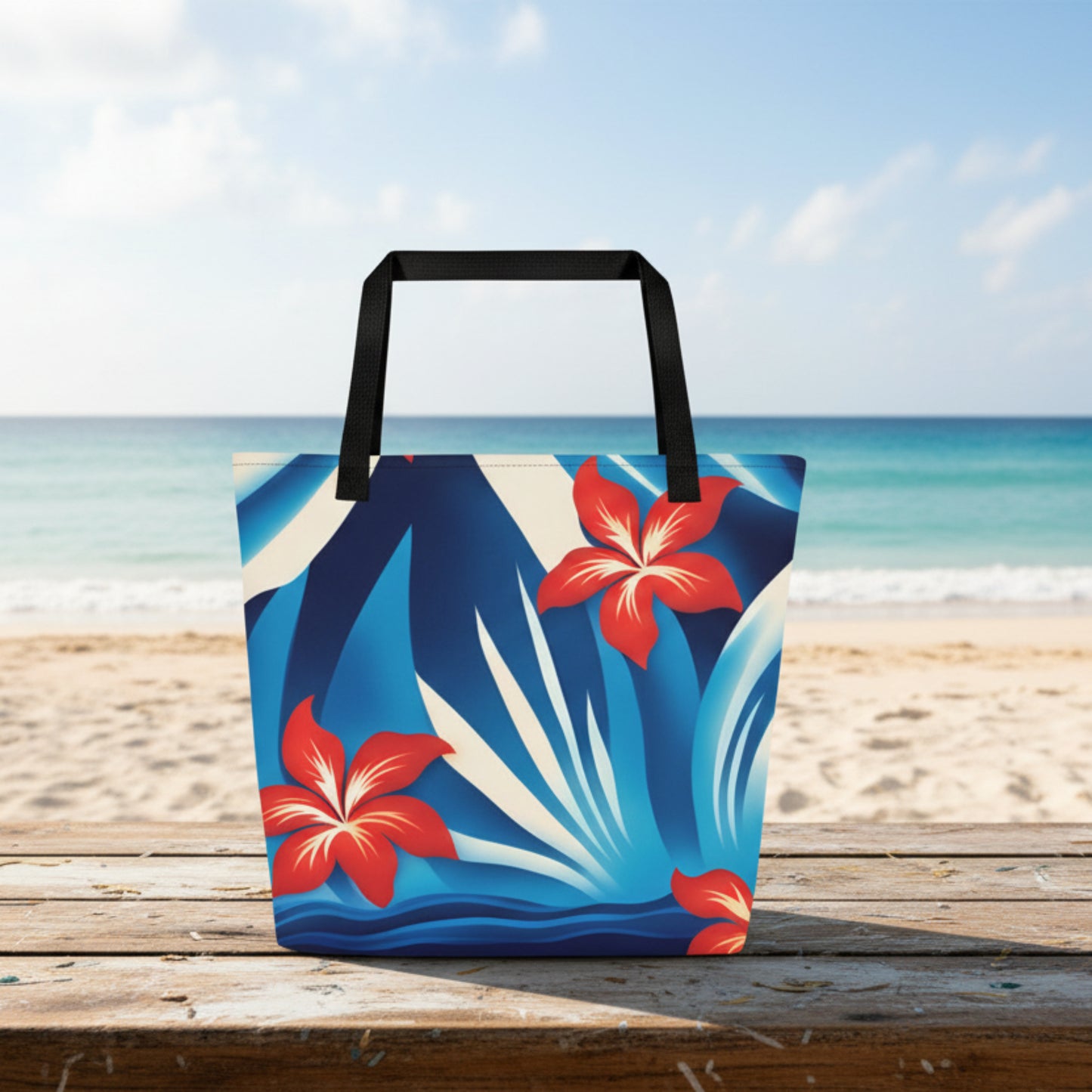 Large red white and blue Hawaiian tote bag featuring a tropical patriotic print with bold summer colors, designed for beach trips, shopping, travel, and everyday use. Spacious carryall bag made from durable fabric with comfortable shoulder straps and an inside pocket for organization. Perfect summer tote for Fourth of July events, pool days, vacations, grocery runs, or anyone who loves festive Americana style with a fun island inspired look.