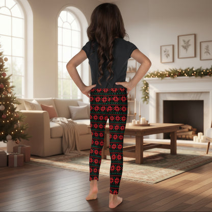Red poinsettia Christmas leggings for girls with green leaves on a black background create a festive repeating Fair Isle inspired design. These ankle length leggings have a high rise waist and are available in sizes 2T–20, making them a fun choice for holiday outfits and family photos.