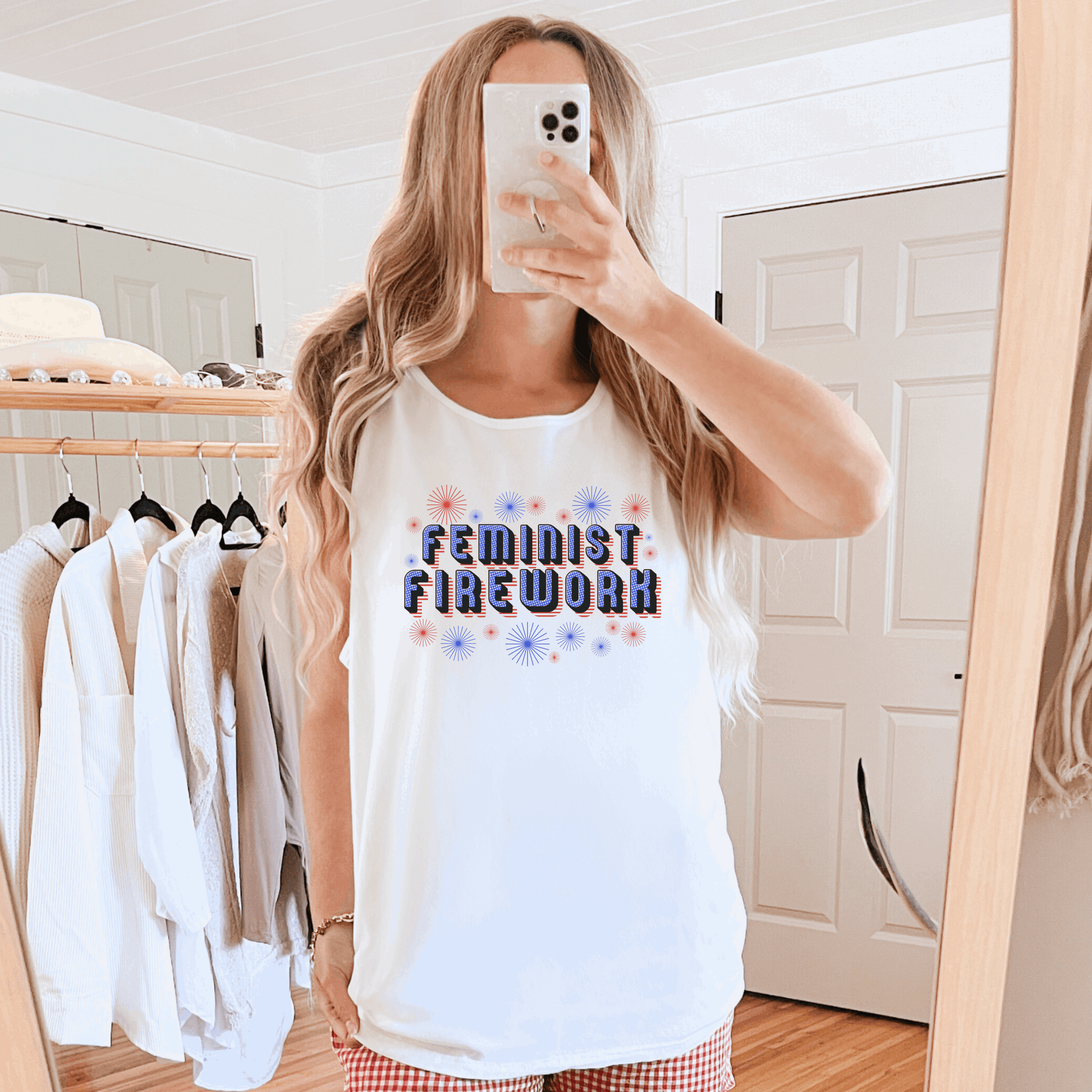 Red, white, and blue Feminist Firework tank top with retro graphics and a bold message, perfect for wearing to 4th of July events, women’s marches, or summer festivals. Made with Comfort Colors garment-dyed cotton, this relaxed tank celebrates independence and gender equality with a vintage aesthetic. Ideal for feminists, allies, and socially conscious shoppers looking for cute protest wear.