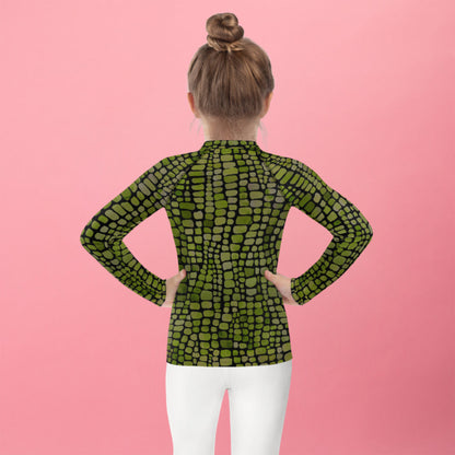 Toddler and kids long sleeve rash guard with green reptile scale print, great for pretend play or swimwear. Ideal for snake, dinosaur, lizard, or serpent-themed costumes. Available in 2T–7 sizes with UPF sun protection. A perfect choice for outdoor water fun, themed birthday parties, or Halloween-ready swim outfits for boys and girls who love reptiles and adventure.