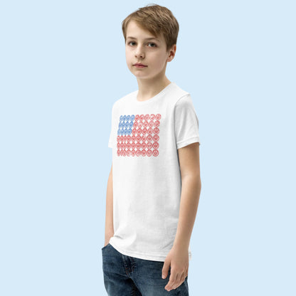 Child wearing a smiley face American flag shirt, colorful red white and blue USA graphic tee perfect for kids summer outfits, Independence Day celebrations, and family photos