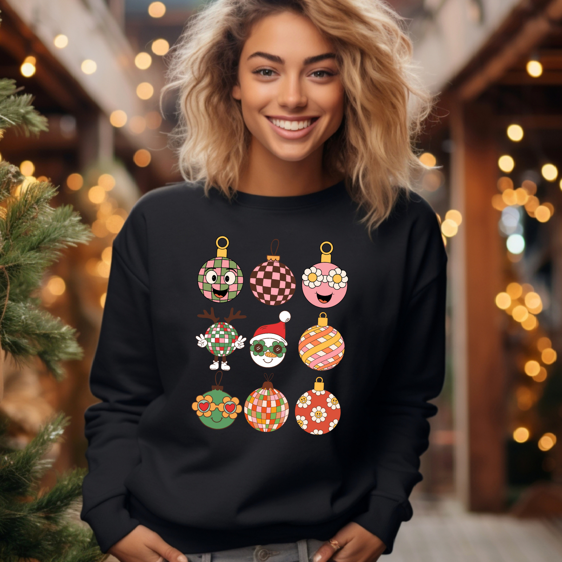Retro Christmas Ornament Sweatshirt featuring nine playful cartoon ornament characters, including florals, checkered prints, and a cool Santa design. Available in light pink, black, and sand, this cozy unisex crewneck makes a fun vintage-inspired holiday outfit. Printed on Gildan 18000 in sizes S–5XL, it’s perfect for Christmas parties, matching family photos, or as a unique Christmas gift for retro and vintage lovers.