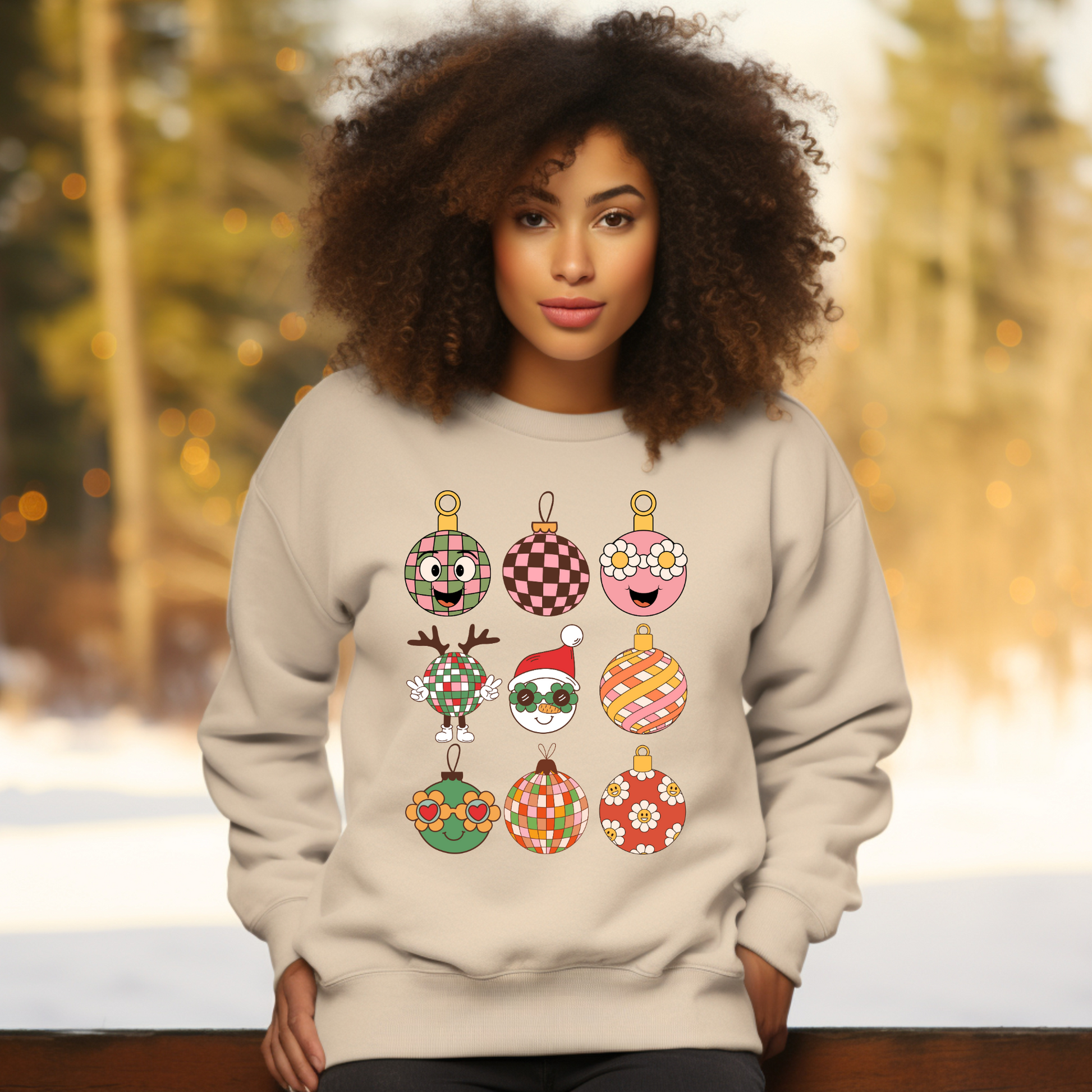 Vintage-inspired Christmas sweatshirt with nine groovy cartoon ornaments, each with a fun retro design like daisies, checkered patterns, and Santa in shades. This retro holiday crewneck comes in light pink, black, and sand and is available in unisex sizes S–5XL. Made on the cozy Gildan 18000, it’s ideal for Christmas celebrations, retro outfit lovers, or as a standout holiday sweatshirt for festive family gatherings and unique Christmas gifts.