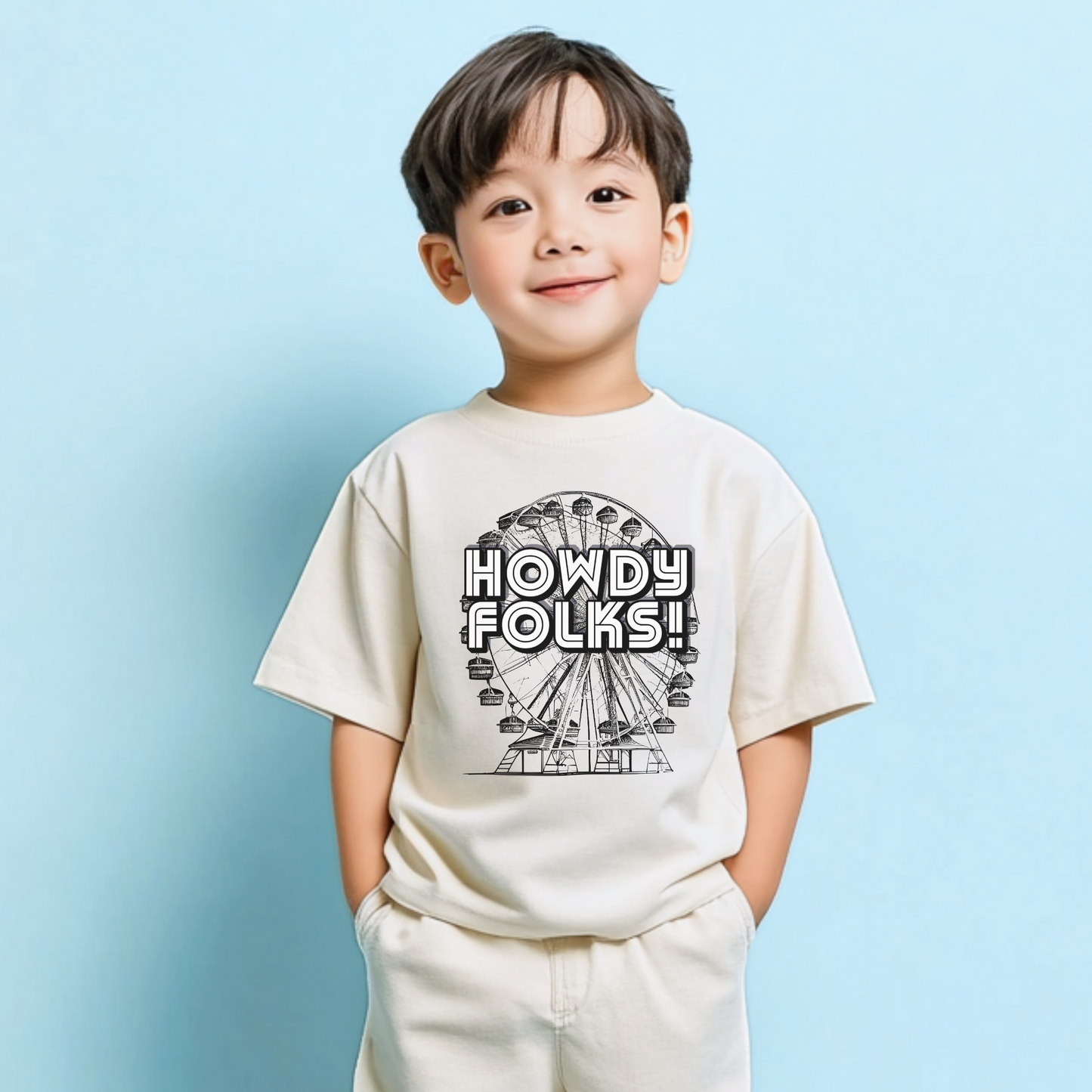 Image: A retro state fair t shirt featuring Howdy Folks with a vintage ferris wheel. Designed for fair lovers and carnival fans, this shirt captures the excitement of state and county fairs. Available in five colors and both adult and child sizes, making it great for family or group outfits. Perfect for fair trips, livestock shows, and amusement parks. A fun choice for birthdays or summer festivals, especially for Big Tex fans, by jaecrece.
