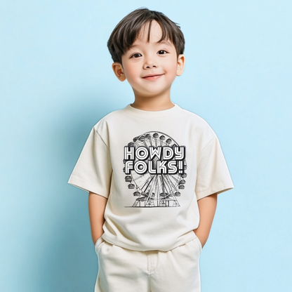 Image: A retro state fair t shirt featuring Howdy Folks with a vintage ferris wheel. Designed for fair lovers and carnival fans, this shirt captures the excitement of state and county fairs. Available in five colors and both adult and child sizes, making it great for family or group outfits. Perfect for fair trips, livestock shows, and amusement parks. A fun choice for birthdays or summer festivals, especially for Big Tex fans, by jaecrece.