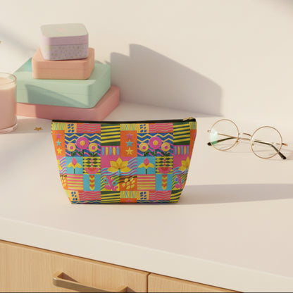 Cute retro floral pouch personalized with a custom name and filled with colorful flowers, bold stripes, stars, and playful geometric details. This cheerful accessory is a fun choice for tween girls who want something more colorful and expressive than a basic makeup bag. It can hold cosmetics, toiletries, small toys, art supplies, or everyday essentials for sleepovers, travel, and school.