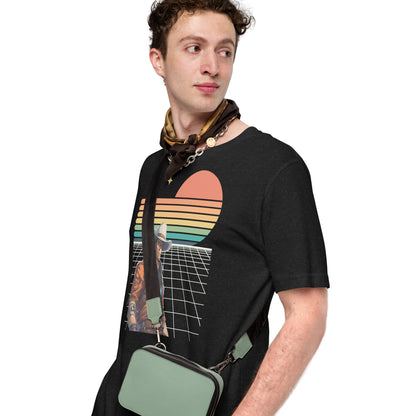 Unisex space cowboy t shirt on Bella Canvas 3001 in Black Heather with retro sunset and grid pattern inspired by vintage sci fi and western style. Soft breathable fabric and comfortable fit make it great for daily wear, road trips, festivals, or layering. A fun gift idea for anyone who loves bold graphic tees, retro aesthetics, and space inspired looks.