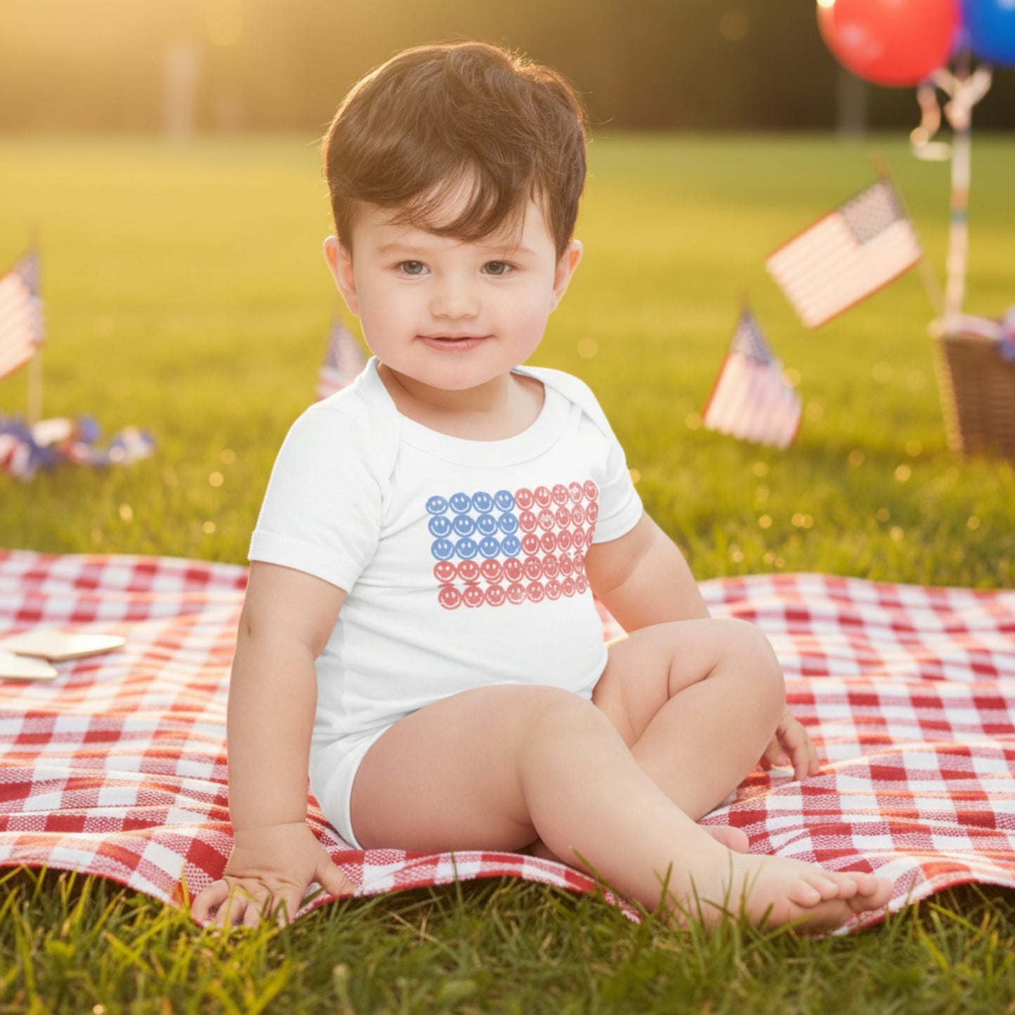 Adorable white baby bodysuit with short sleeves featuring a retro smiley face American flag print in red and blue, ideal for patriotic newborn outfits and 4th of July celebrations. Made from soft cotton for sensitive skin, this infant onesie includes snap closure for easy diaper changes. Perfect for summer BBQs, fireworks nights, baby gifts, and America 250 patriotic holiday styling.