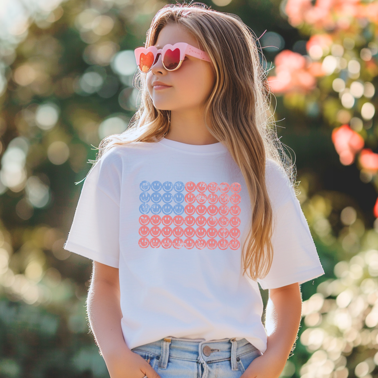 Youth patriotic graphic t shirt with happy smiley faces arranged in an American flag design, cute matching family 4th of July shirt for kids and siblings