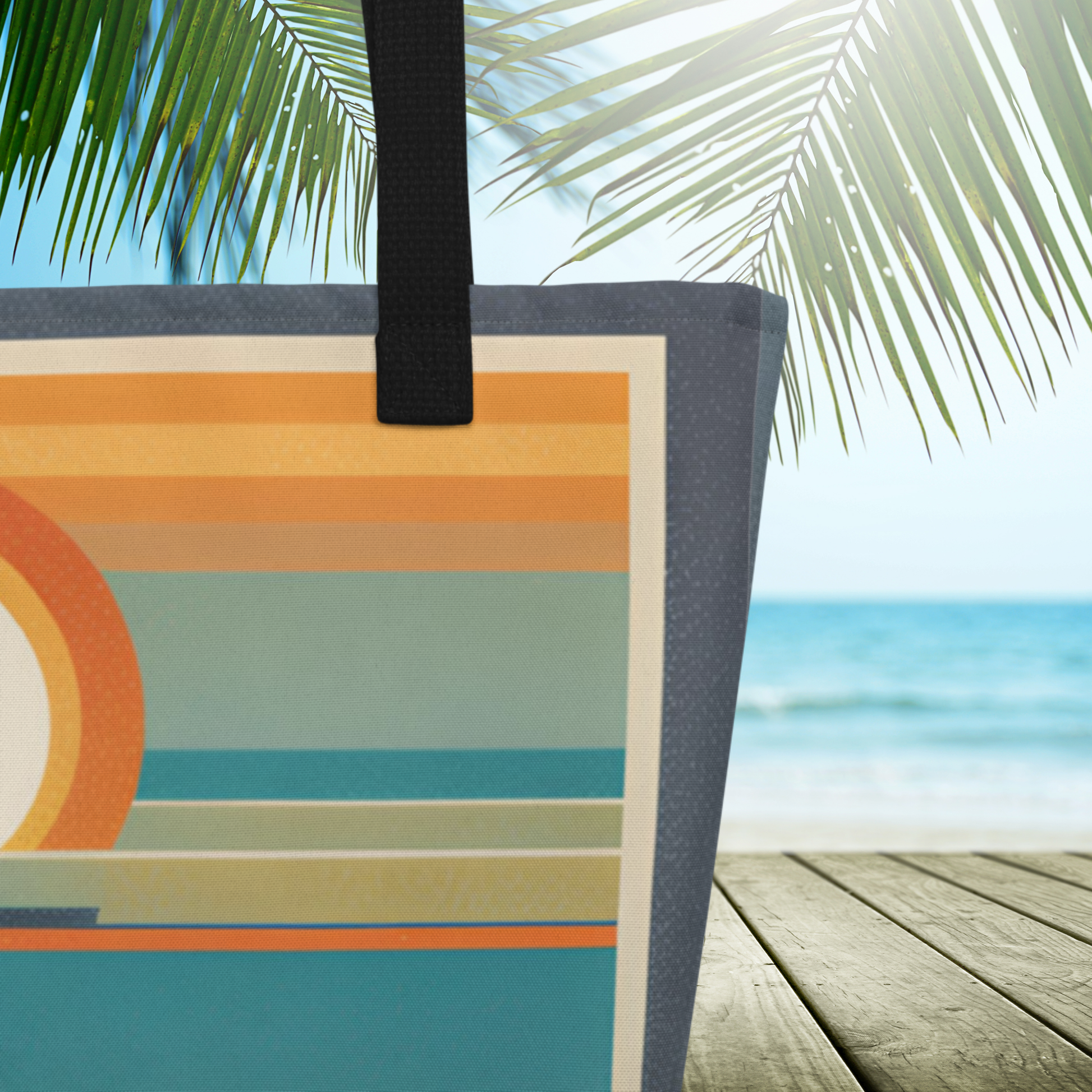 Retro Sunset Cruise canvas style tote bag designed for women who love vintage inspired accessories. This large polyester tote bag includes comfortable cotton handles, a spacious interior with a large inside pocket, and bright fade resistant colors, perfect for beach outings, travel essentials, and everyday carry.