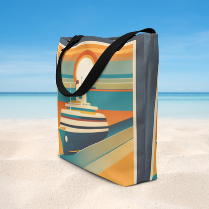 Retro Sunset Cruise large tote bag on the beach showing the double sided vintage sunset design, canvas style polyester material, and sturdy cotton webbing handles. This spacious everyday tote bag includes an interior pocket and is ideal as a beach tote bag, travel tote, reusable shopping bag, or casual carryall.