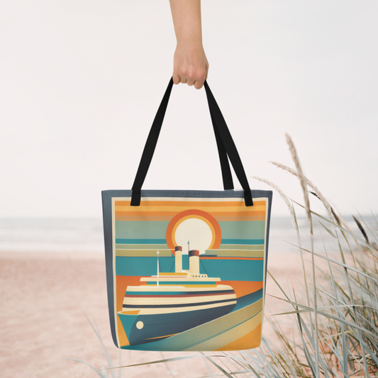 Retro Sunset Cruise tote bag shown from multiple angles highlighting the double sided vintage sunset design, canvas style polyester construction, cotton webbing handles, and spacious interior pocket. A large everyday tote bag designed for beach trips, shopping errands, travel days, and casual daily use with a fun retro inspired aesthetic.