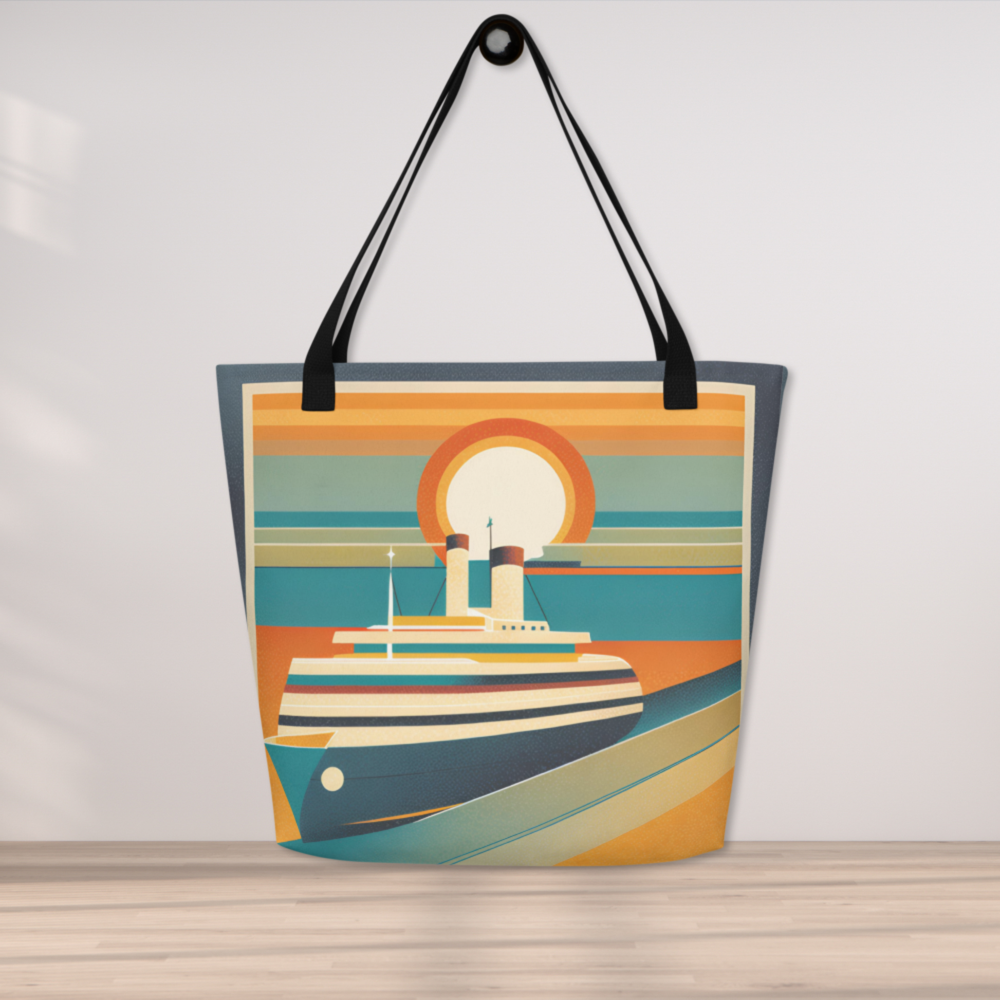 Retro Sunset Cruise large tote bag featuring a colorful vintage sunset design, a durable canvas style polyester tote bag designed for beach days, travel, shopping, and everyday use. This spacious tote includes comfortable cotton webbing handles, a roomy interior with a large inside pocket, and vibrant fade resistant colors for daily carry.