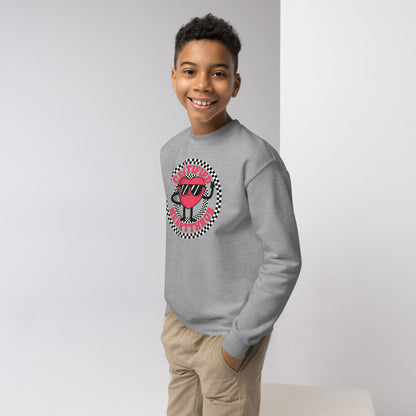 Image: Certified Heartthrob Sweatshirt. This Valentines Day gray sweater for boys or girls is available in white or gray. It features a checker pattern ring, with a cartoon heart man wearing sunglasses, with the text Certified Heartthrob, by jaecrece