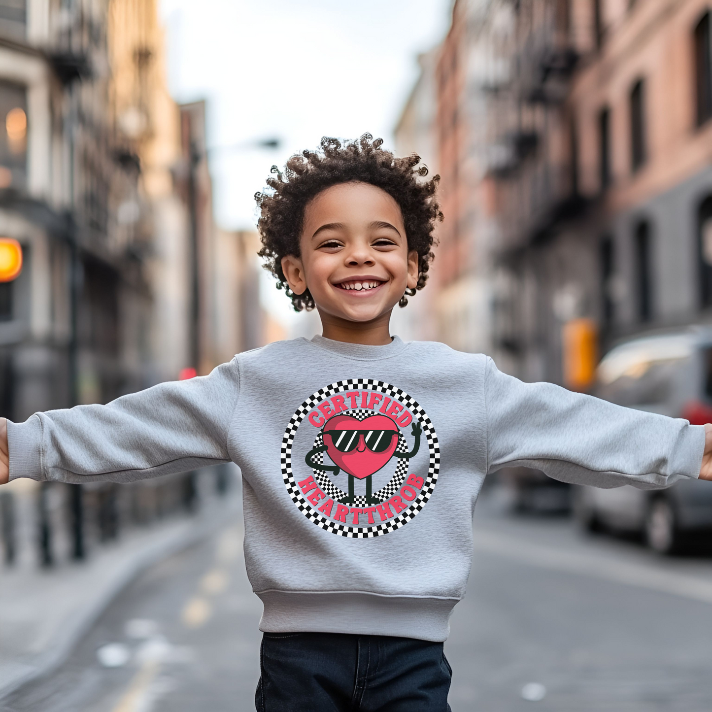 A young boy with curly hair stands on a city street wearing a light gray crewneck sweatshirt with a colorful graphic of a heart-shaped sunglasses character and the words 'Certified Heartthrob'.