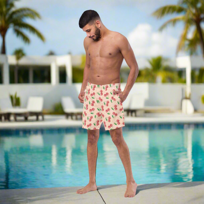 Retro disco cherries men’s swimwear in sizes 2XS through 6XL, including plus size men’s swim boxers. The pink print features red cherries designed like disco balls with scattered stars, creating colorful men’s swim shorts for beach trips, pool days, summer vacations, cruises, and family matching swimwear by JaeCrece.