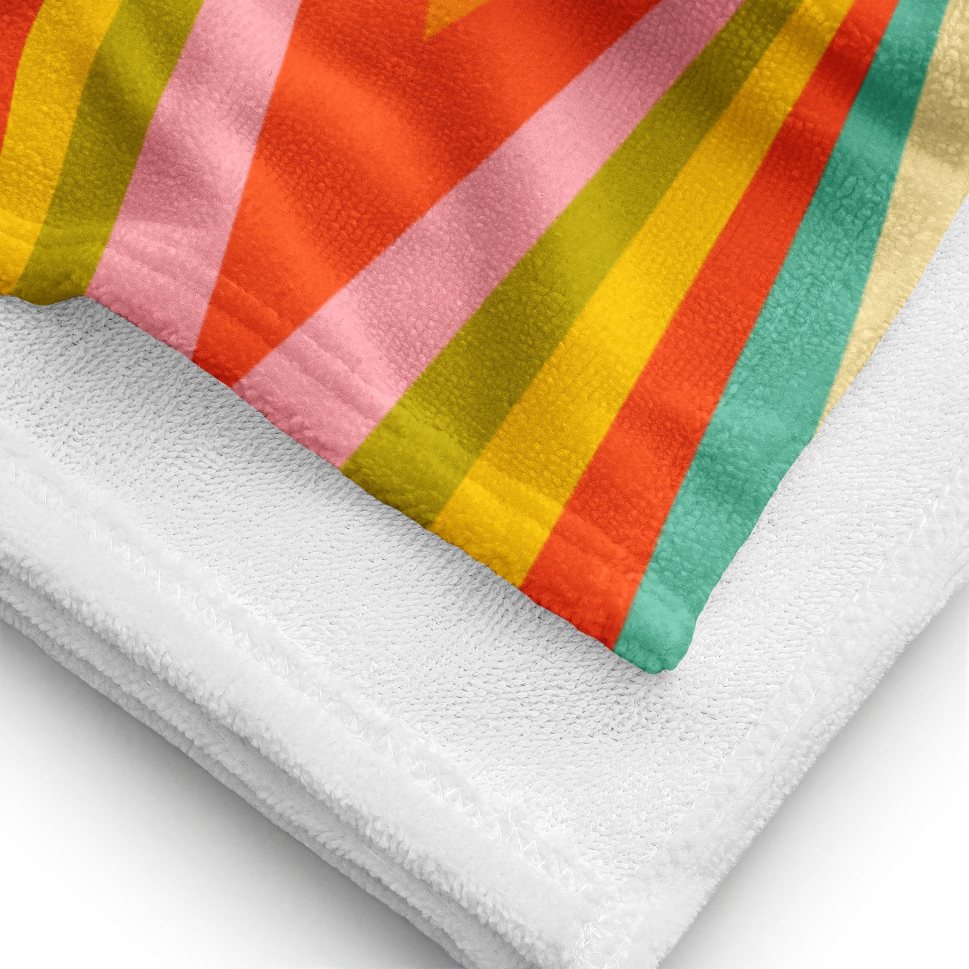Retro geometric beach towel inspired by mid century modern design, colorful vintage style pool towel with soft absorbent terry backing, perfect for beach trips, summer travel, lake days, and resort vacations, stylish geometric towel for retro aesthetic lovers and Palm Springs inspired summer accessories.