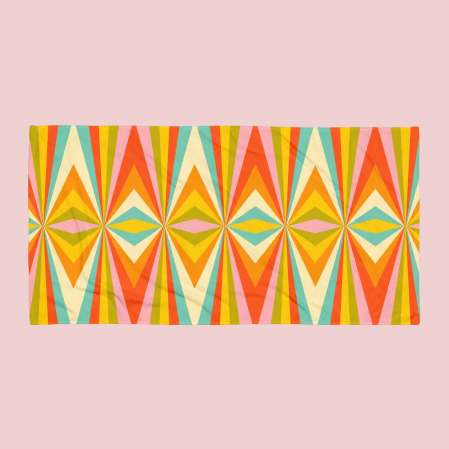 Retro geometric beach towel with mid century modern pattern, large soft absorbent towel ideal for beach days, swimming pools, lake trips, cruise travel, and summer vacations, vibrant vintage inspired towel for geometric decor fans and retro aesthetic lovers. Mid Century Modern Bold Geometric Graphic Beach towel, in red, orange, green, teal, yellow and white. A perfect unique must have accessory for your next family vacation, by jaecrece.com