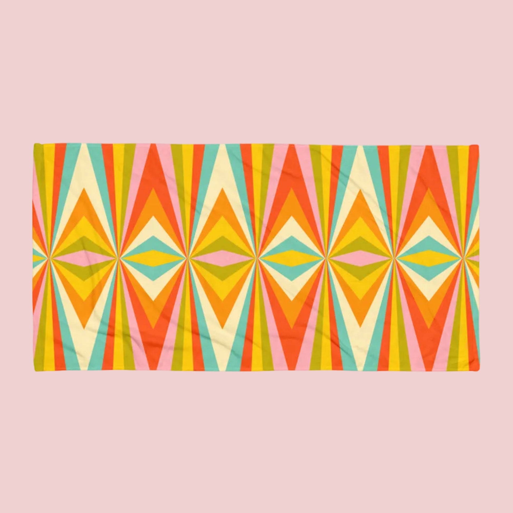 Retro geometric beach towel with mid century modern pattern, large soft absorbent towel ideal for beach days, swimming pools, lake trips, cruise travel, and summer vacations, vibrant vintage inspired towel for geometric decor fans and retro aesthetic lovers. Mid Century Modern Bold Geometric Graphic Beach towel, in red, orange, green, teal, yellow and white. A perfect unique must have accessory for your next family vacation, by jaecrece.com
